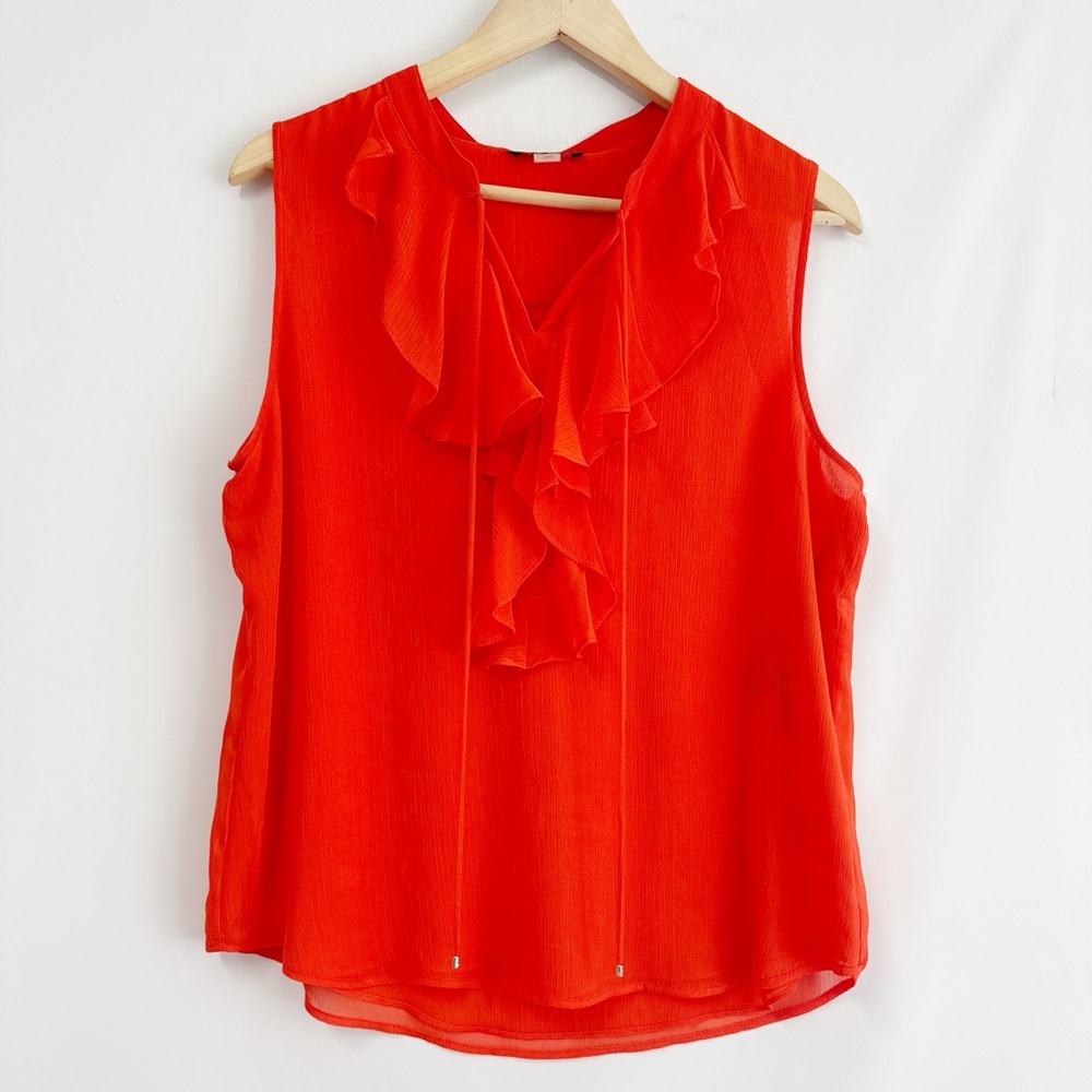 Tommy Hilfiger Chiffon Sleeveless Ruffle Tie-Neck Blouse Top In Orange L